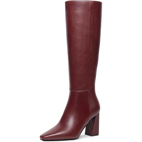 Women's Burgundy Square Toe Chunky High Heel Tall Fashion Side Zipper Long Boots